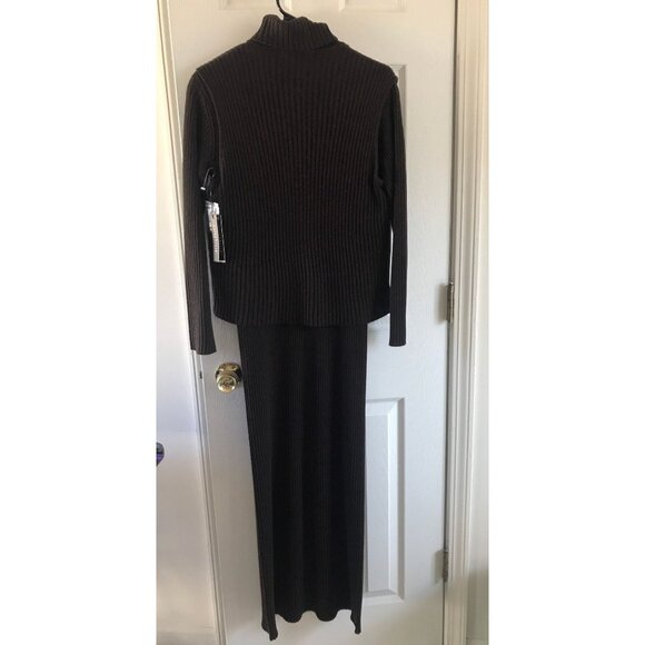 Vtg 2 Piece Paraphrase Maxi Brown Turtle Neck Dress With Faux Leather Vest M - Picture 2 of 10